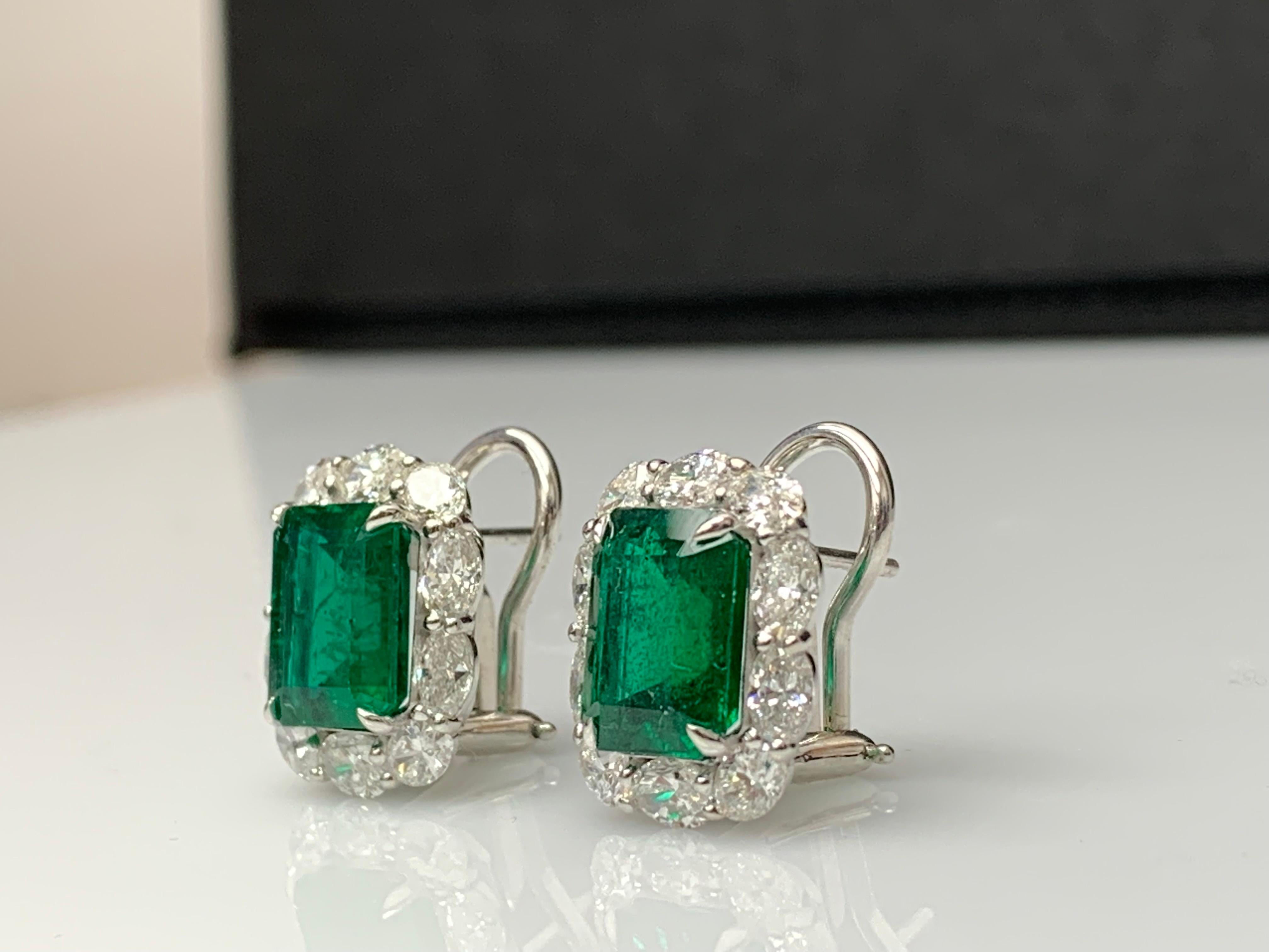 6.15 Carat Emerald Cut Emerald and Diamond Halo Earring in 18K White Gold For Sale 3