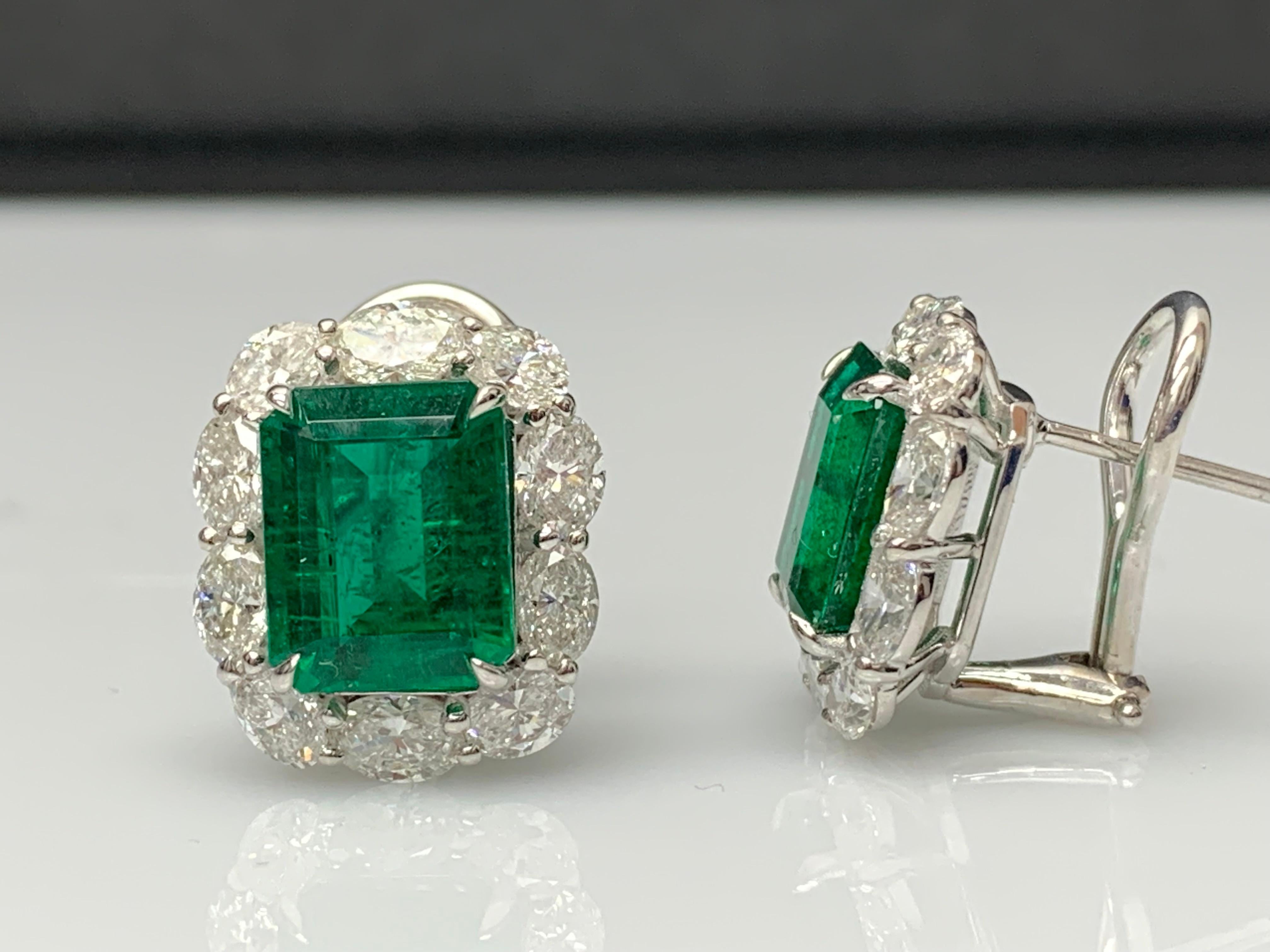6.15 Carat Emerald Cut Emerald and Diamond Halo Earring in 18K White Gold For Sale 4