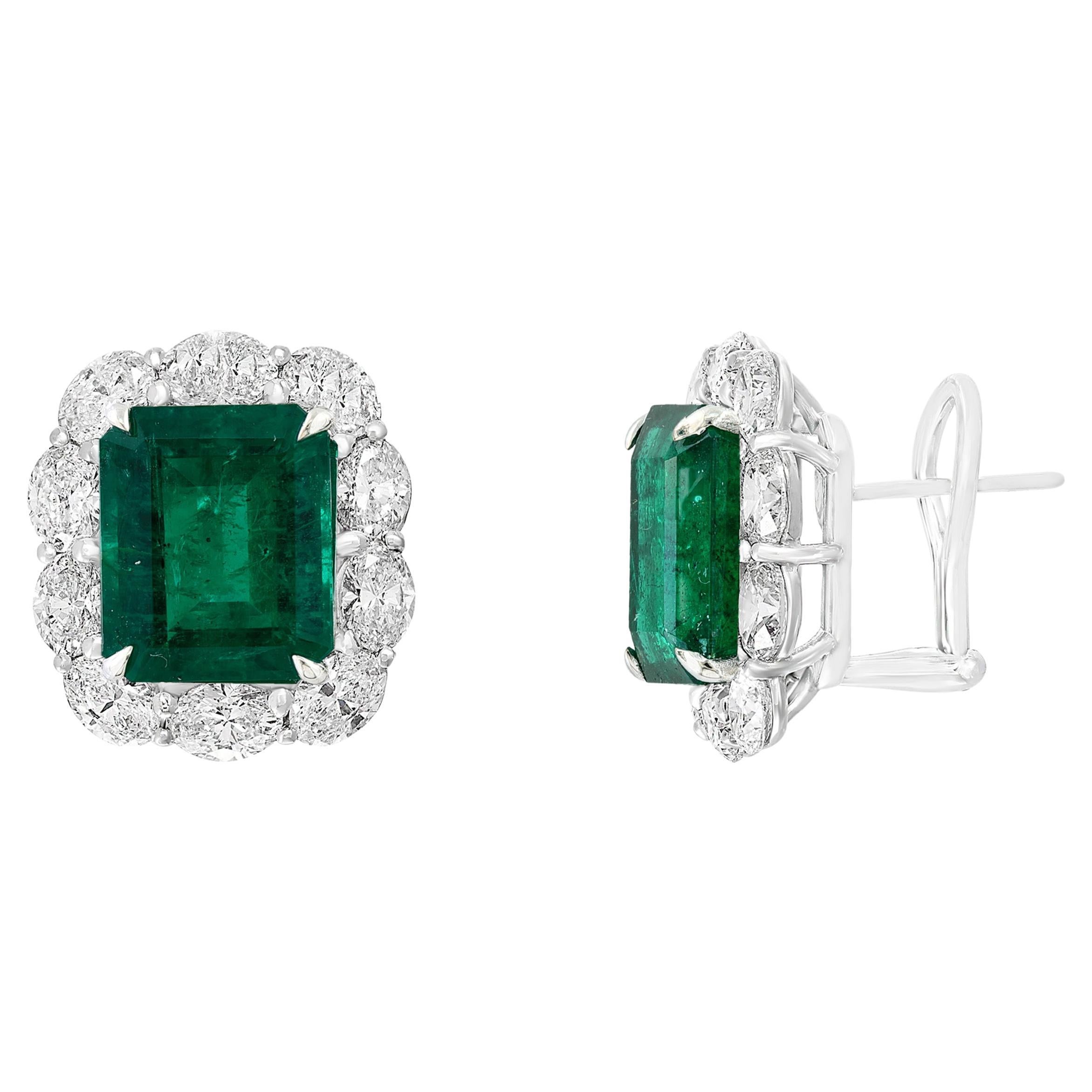 6.15 Carat Emerald Cut Emerald and Diamond Halo Earring in 18K White Gold For Sale