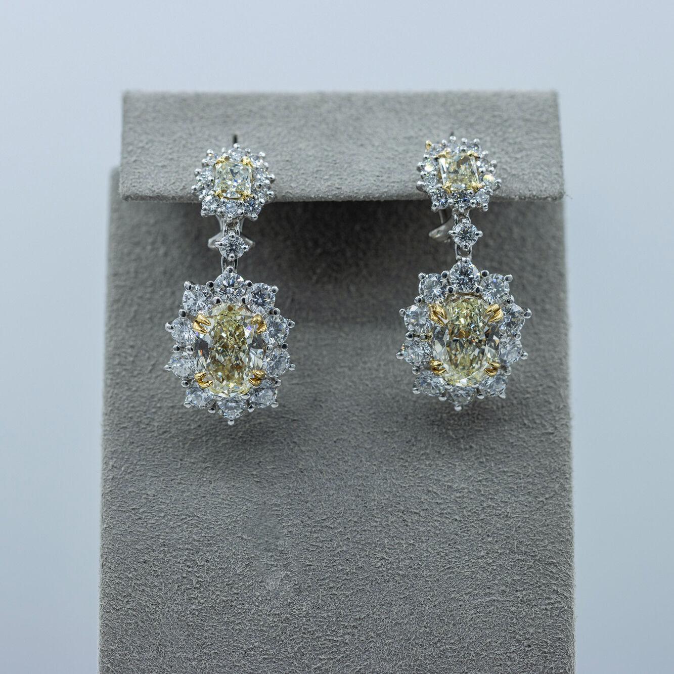 Roman Malakov 6.15 Carat Fancy Yellow Diamond Halo Flower Dangle Earrings In New Condition For Sale In New York, NY