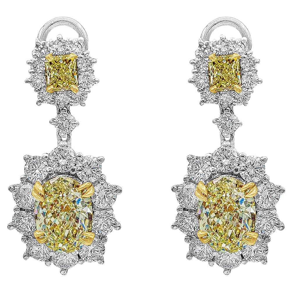 Roman Malakov 6.15 Carat Fancy Yellow Diamond Halo Flower Dangle Earrings For Sale