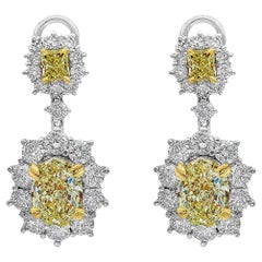 Roman Malakov 6.15 Carat Fancy Yellow Diamond Halo Flower Dangle Earrings