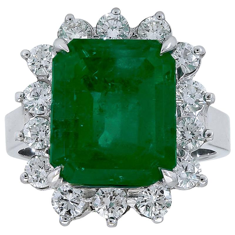 6.15 Carat Green Emerald and Diamond Flower Halo Engagement Ring