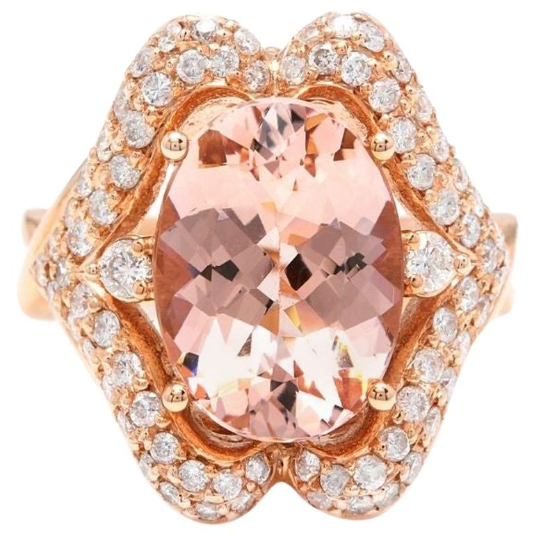 Impressionnante bague en or rose massif 14 carats avec Morganite naturelle de 6,15 carats et diamants