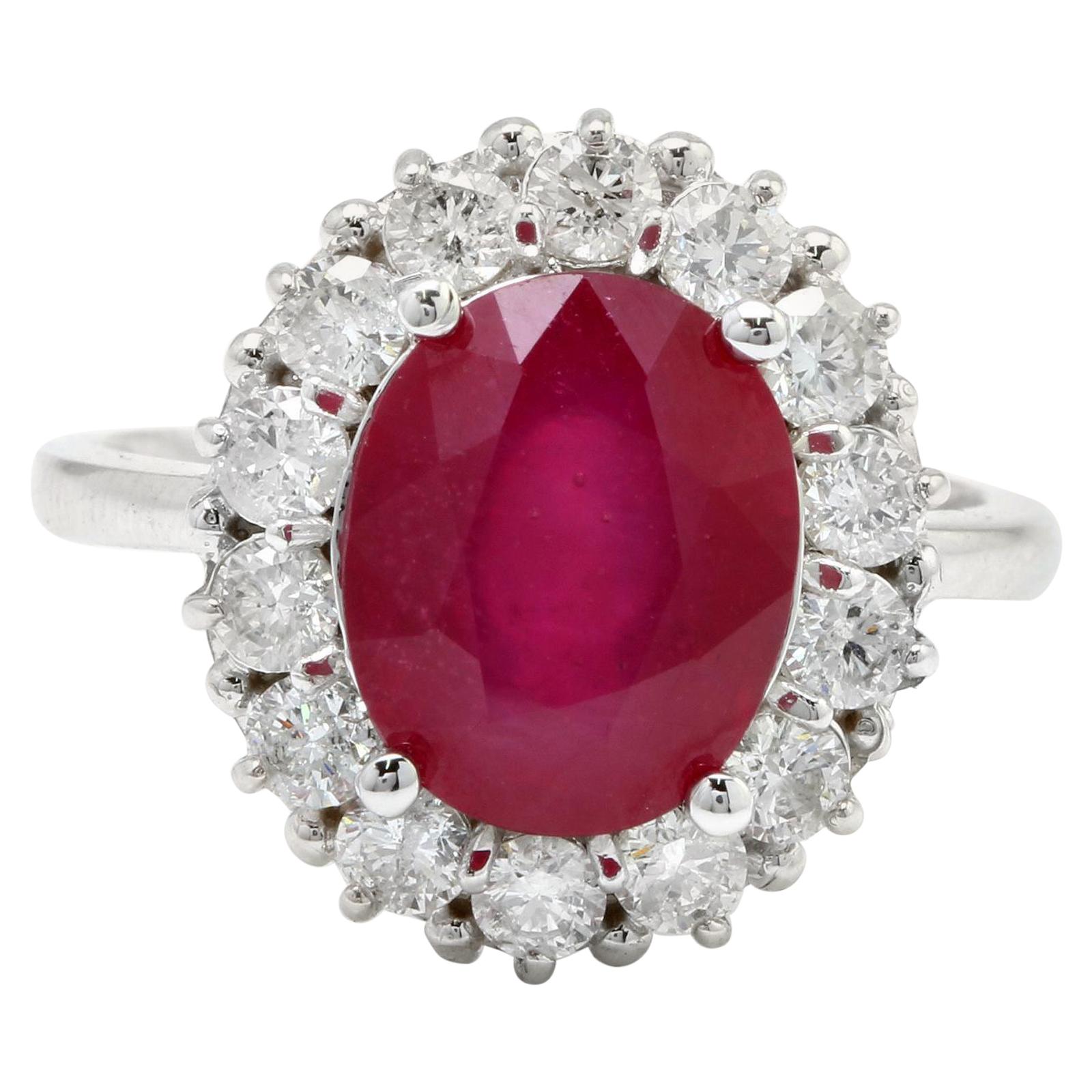 6.15 Carat Impressive Natural Red Ruby and Diamond 14 Karat White Gold Ring For Sale