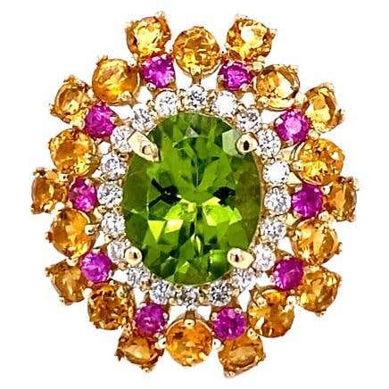 5.10 Peridot Pink Sapphire 14 Karat Yellow Gold Cocktail Ring For Sale ...