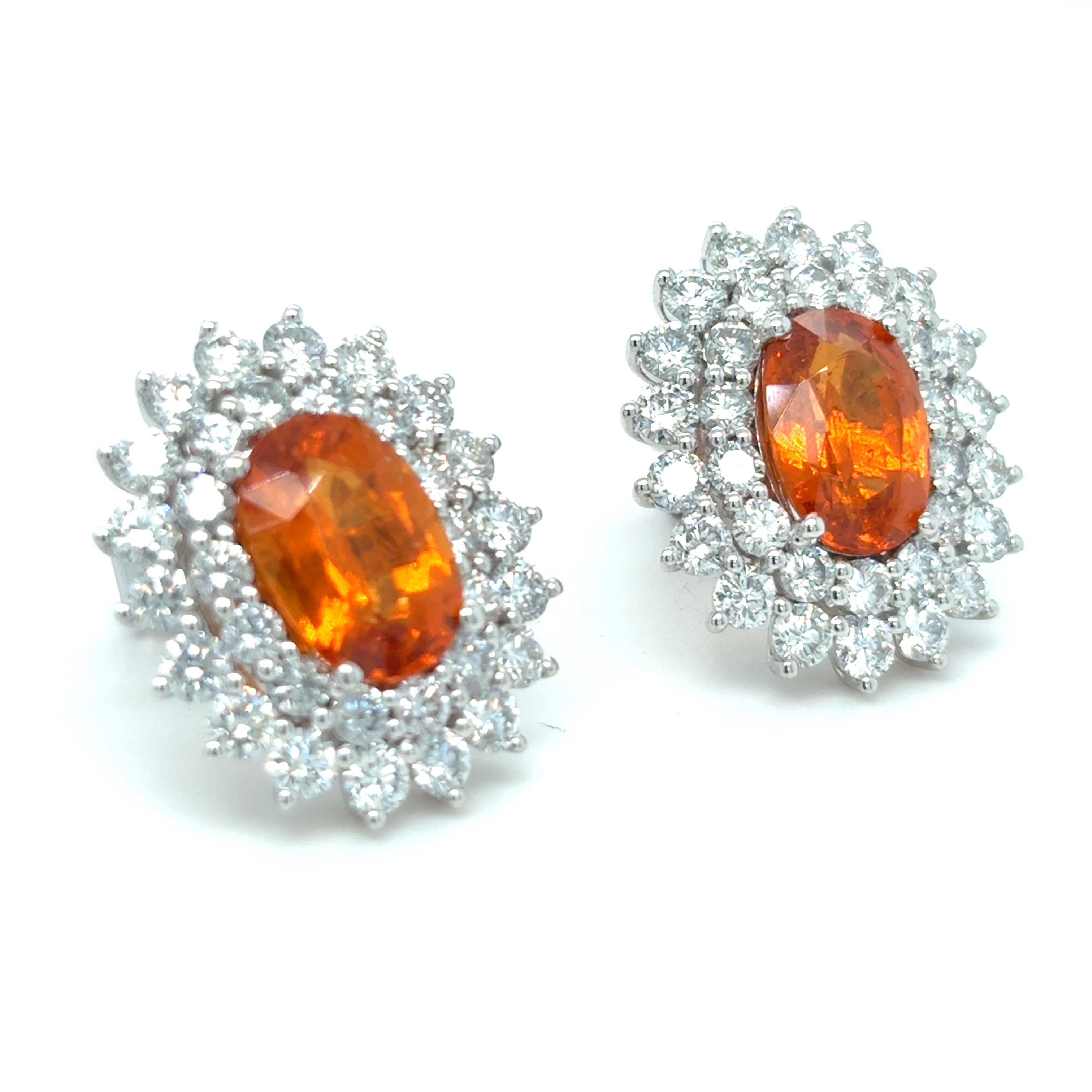 Artisan 6.15 Carat Spessartite Diamond Platinum Stud Earrings For Sale