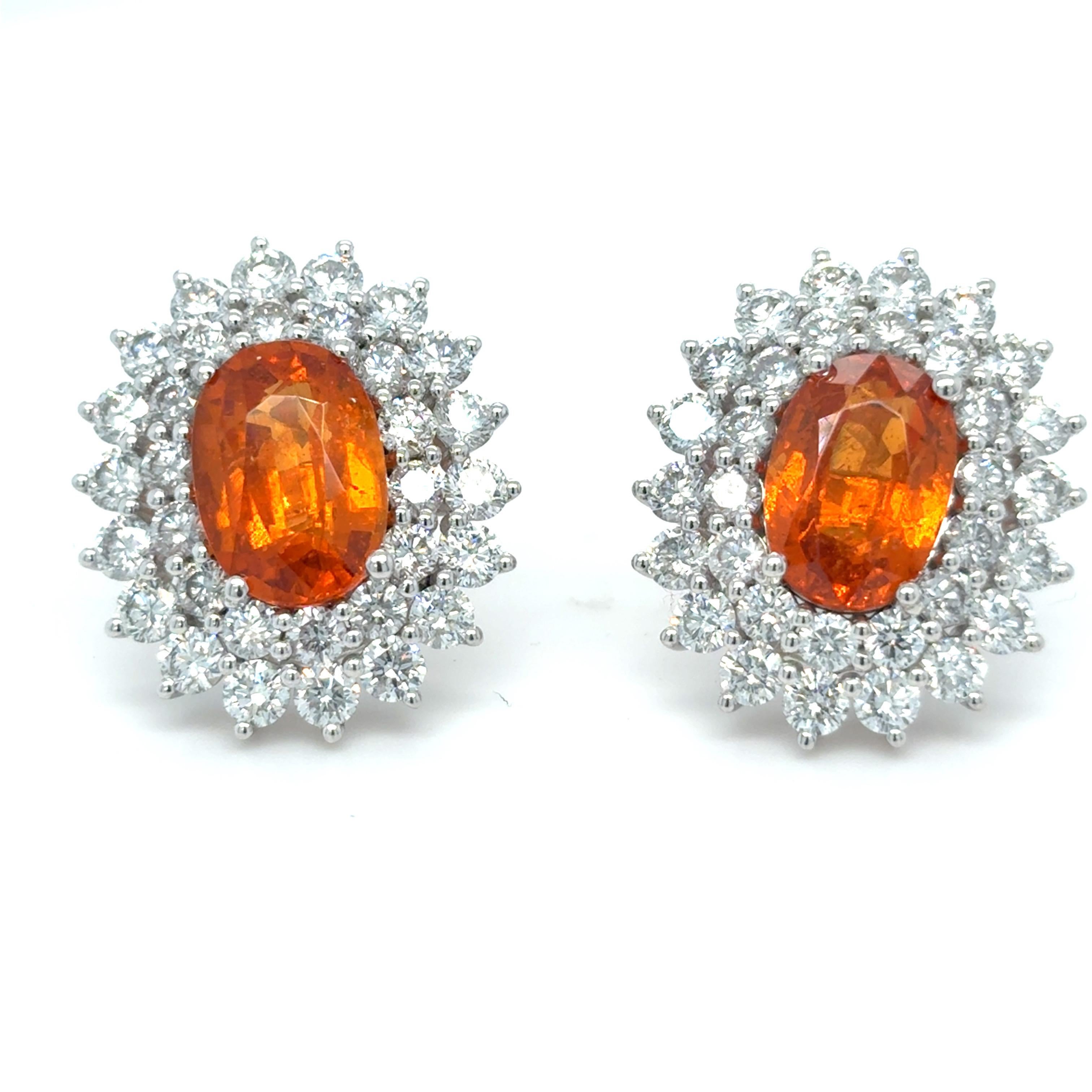 Oval Cut 6.15 Carat Spessartite Diamond Platinum Stud Earrings For Sale