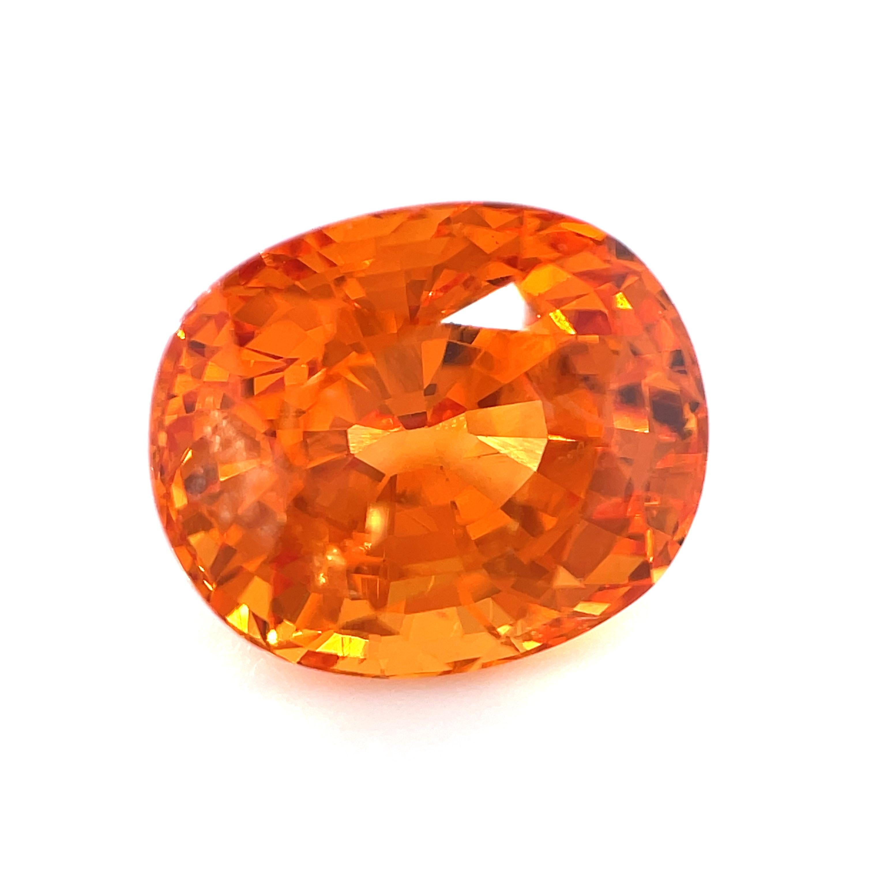 This stunning spessartite Mandarin garnet has all the hallmarks of a collector gemstone! Weighing 6.15 carats, it is unusually large and of superfine quality, with exquisite pure orange color and exceptional clarity. This extremely bright gem is