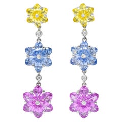 6.15 Carats Colored Sapphire Diamond 18 Karat White Gold Flower Drop Earrings
