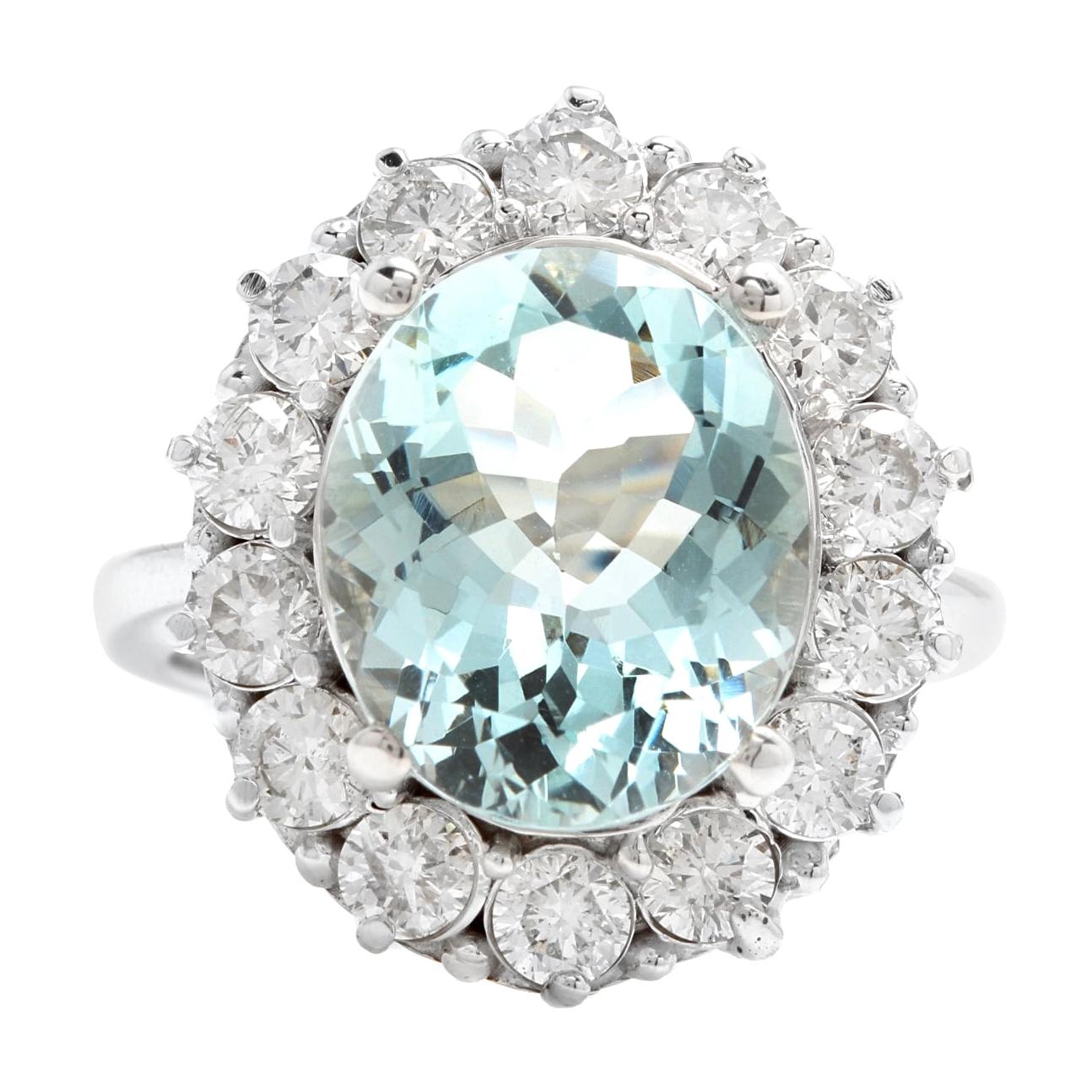 6.15 Carats Natural Aquamarine and Diamond 14k Solid White Gold Ring For Sale
