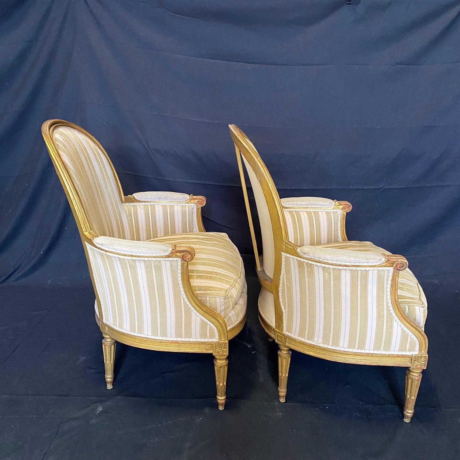 #6158, 19th Century Pair of Rare French Louis XVI Bergeres Chairs with Original 3