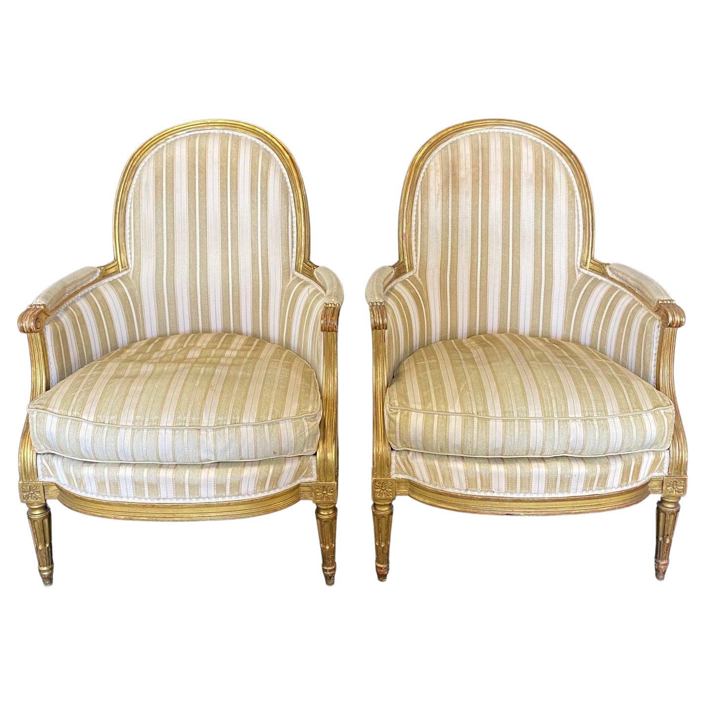 #6158, 19th Century Pair of Rare French Louis XVI Bergeres Chairs with Original