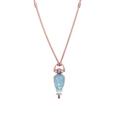 61.58 Carat Pear Aquamarine Ruby Diamond Rose Gold Retro Pendent Necklace