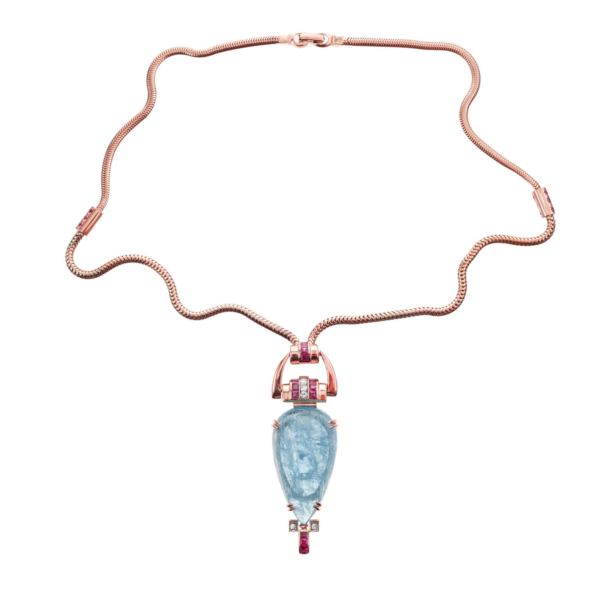 Pear Cut 61.58 Carat Pear Aquamarine Ruby Diamond Rose Gold Retro Pendent Necklace  For Sale