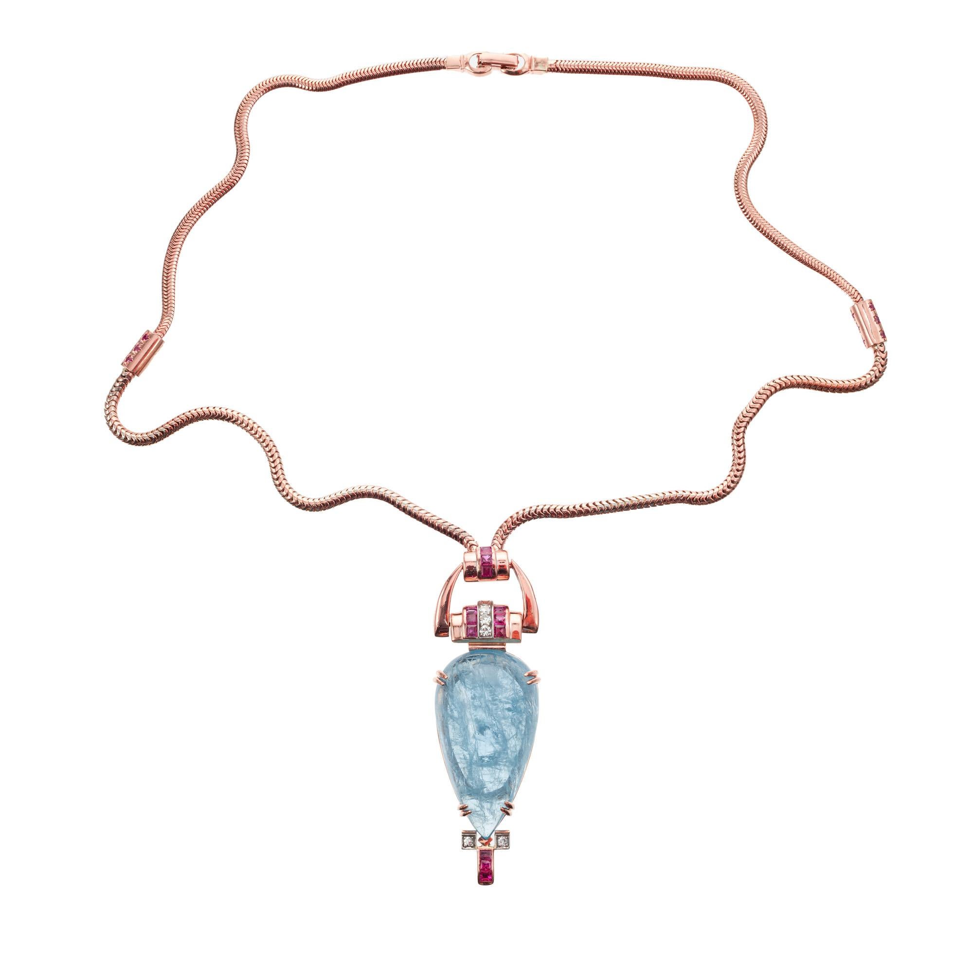 Taglio a goccia 61,58 carati di pera acquamarina rubino diamante oro rosa Collana con ciondolo retrò in vendita