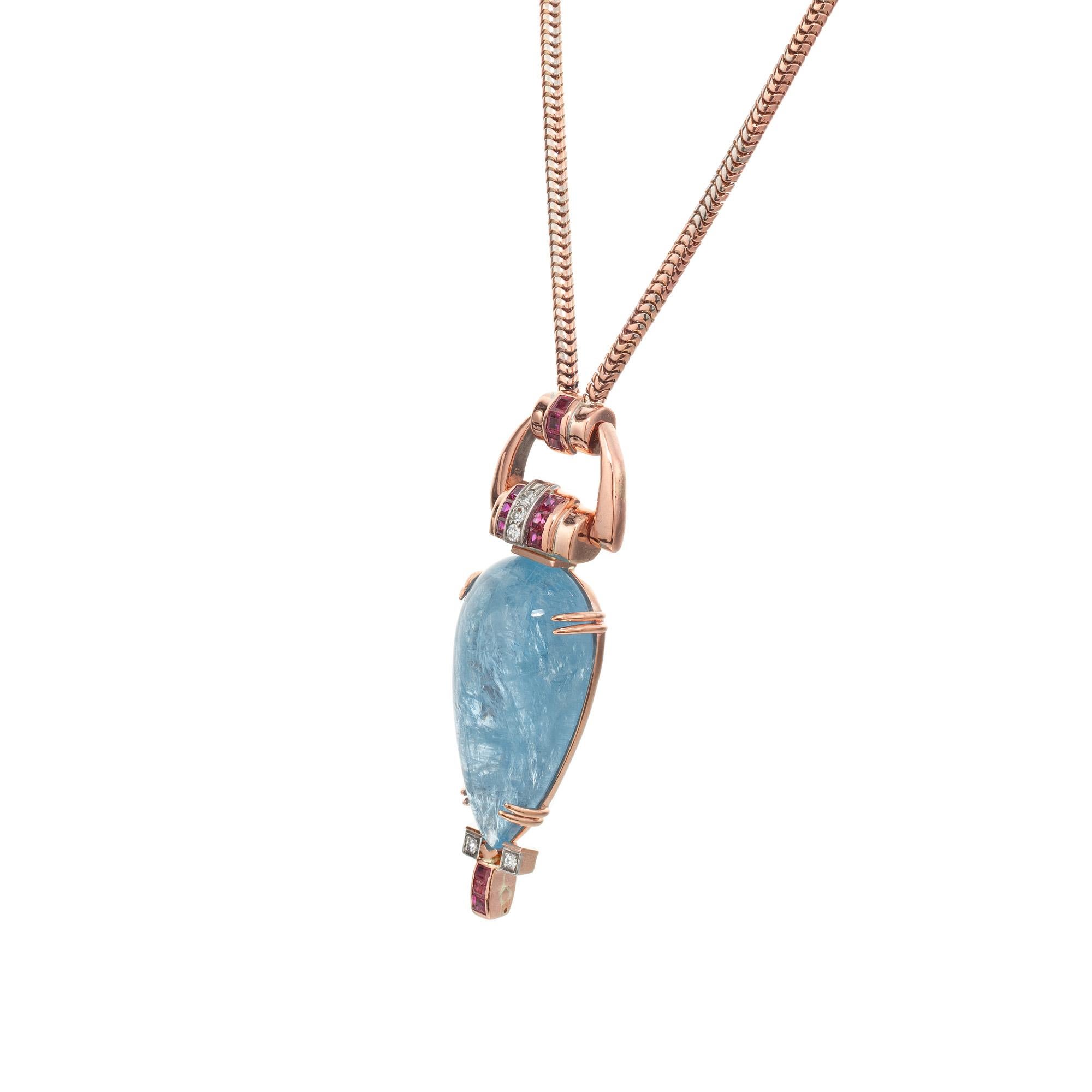 61.58 Carat Pear Aquamarine Ruby Diamond Rose Gold Retro Pendent Necklace  In Good Condition For Sale In Stamford, CT