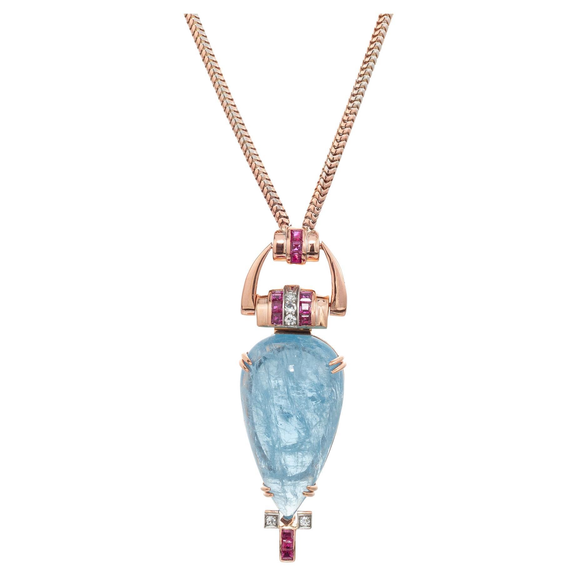 61.58 Carat Pear Aquamarine Ruby Diamond Rose Gold Retro Pendent Necklace  For Sale