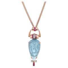 61.58 Carat Pear Aquamarine Ruby Diamond Rose Gold Retro Pendent Necklace 