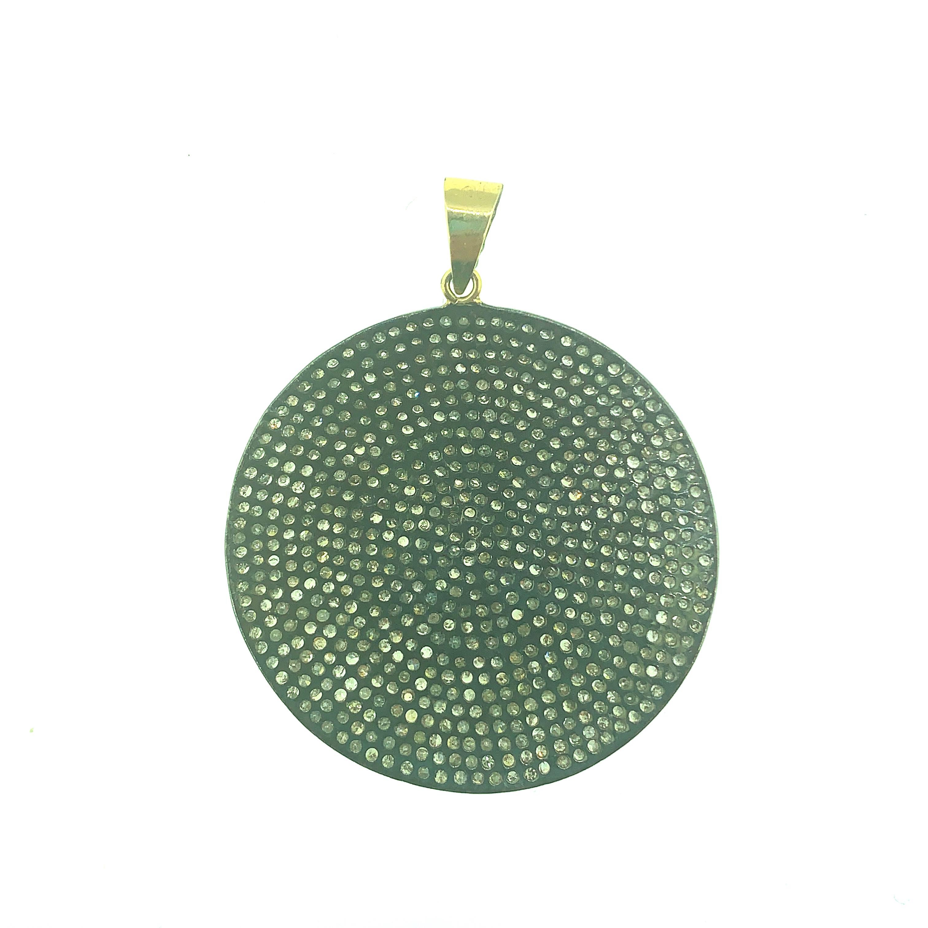 6.15Ct Round Pave Diamond Disc Pendant in Oxidized Sterling Silver, 14Kt Gold In New Condition For Sale In New York, NY