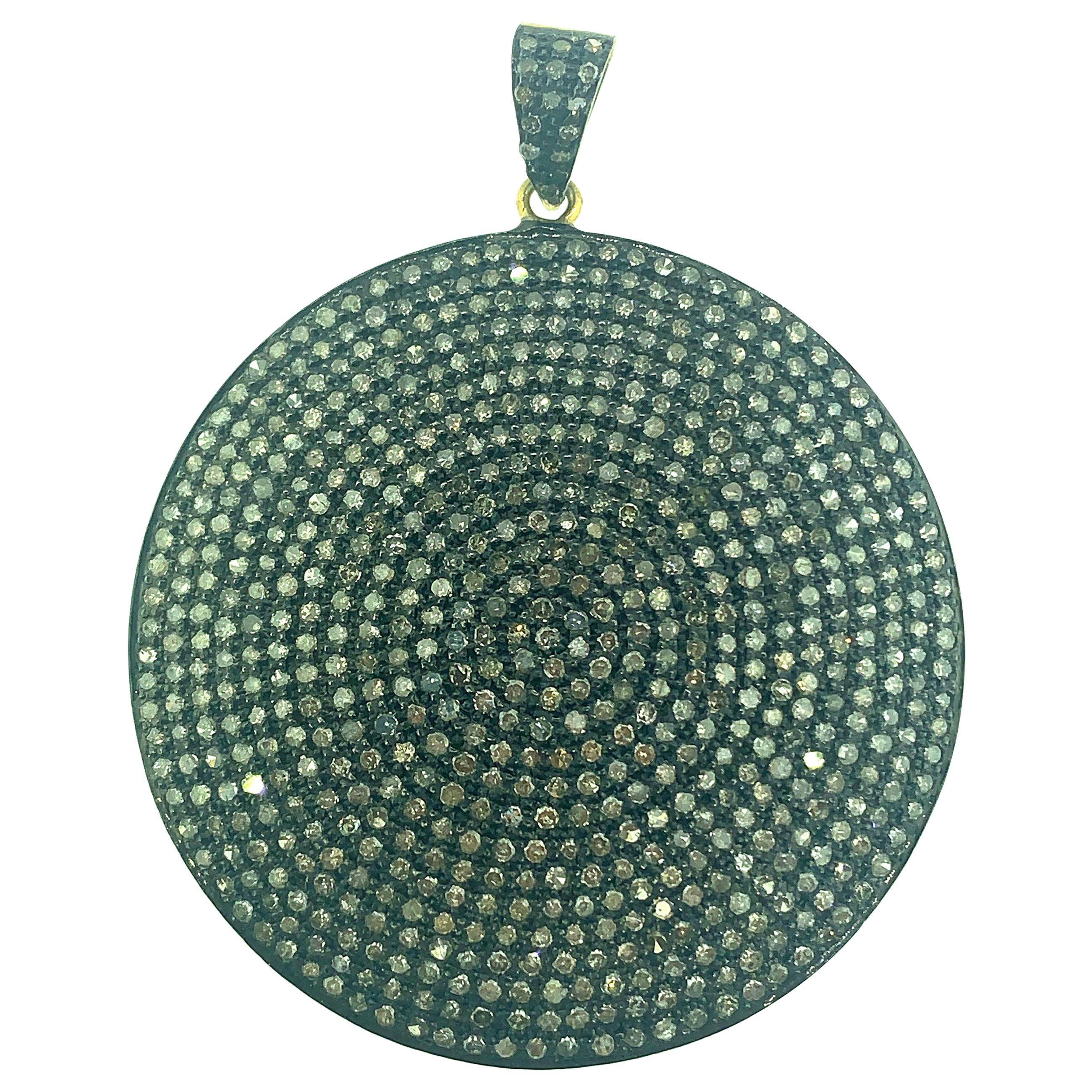 6.15Ct Round Pave Diamond Disc Pendant in Oxidized Sterling Silver, 14Kt Gold For Sale