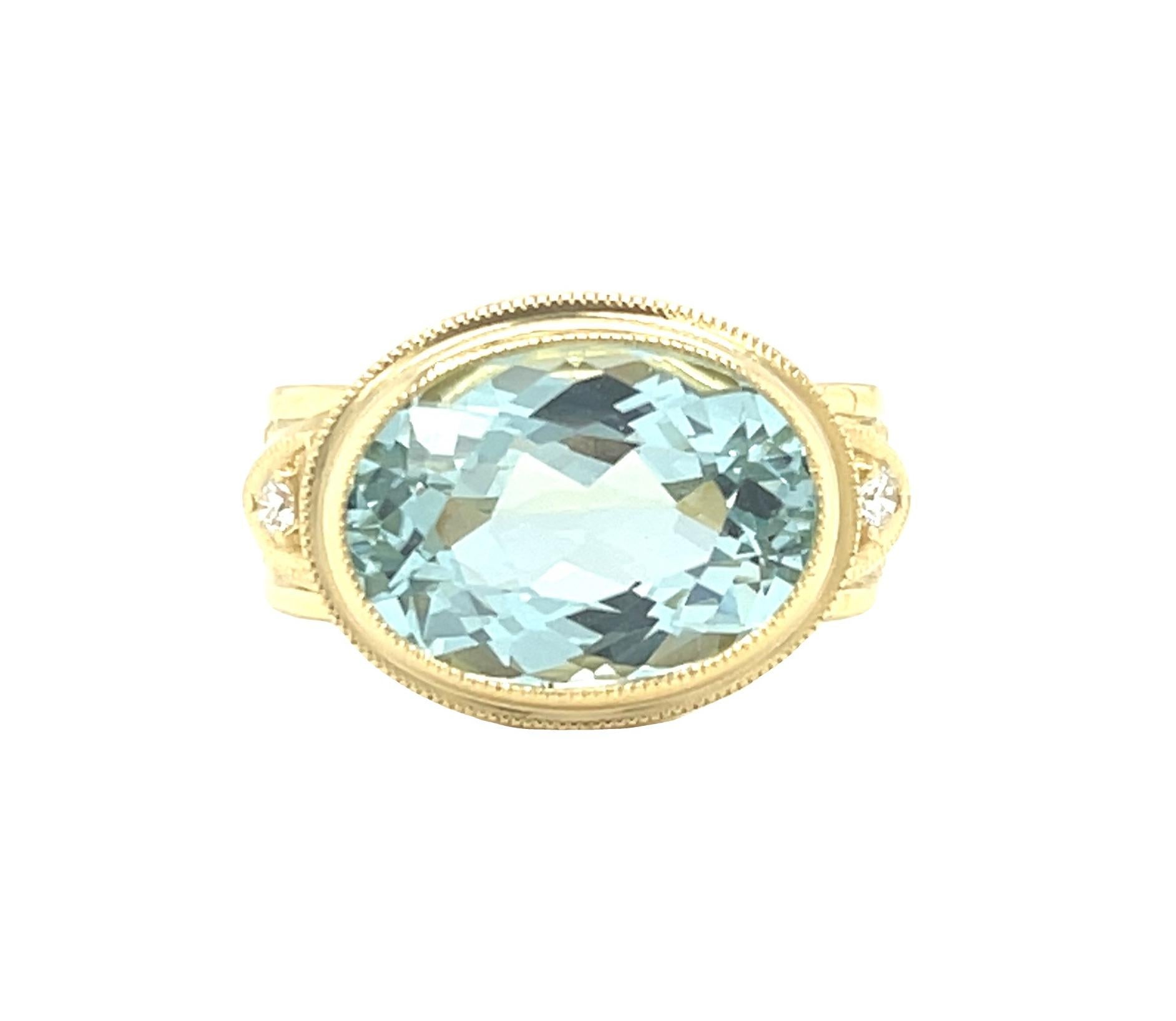 Artisan 6.16 Carat Aquamarine in 18k Yellow Gold, Hand Engraved Ring with Diamonds For Sale