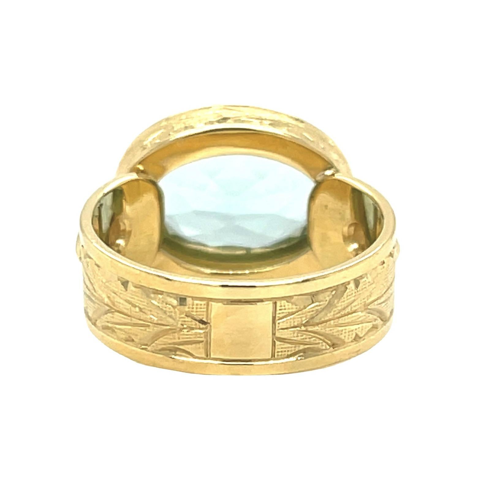 6.16 Carat Aquamarine in 18k Yellow Gold, Hand Engraved Ring with Diamonds In New Condition For Sale In Los Angeles, CA