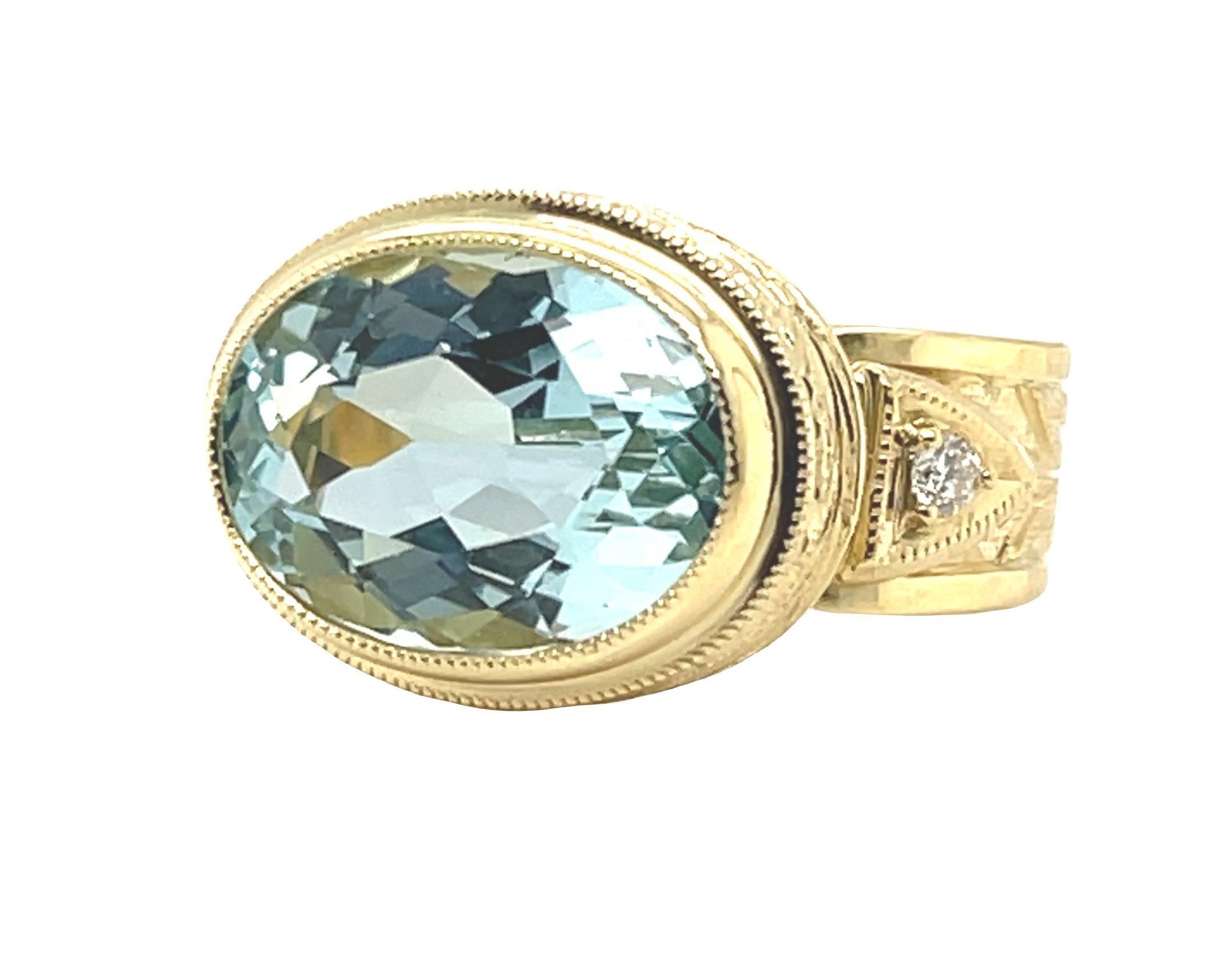 Women's or Men's 6.16 Carat Aquamarine in 18k Yellow Gold, Hand Engraved Ring with Diamonds For Sale