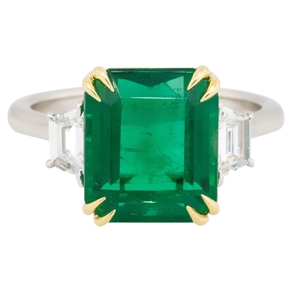 6.16 Carat Emerald Center Three Stone Ring with Diamonds Platinum in Stock For Sale