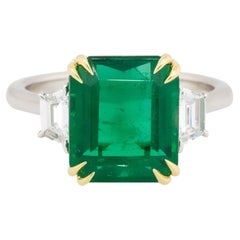 6.16 Carat Emerald Center Three Stone Ring with Diamonds Platinum in Stock