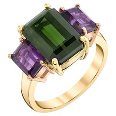 Green Tourmaline & Amethyst 18k Gold Three-Stone Cocktail Ring, 6.16 Carats