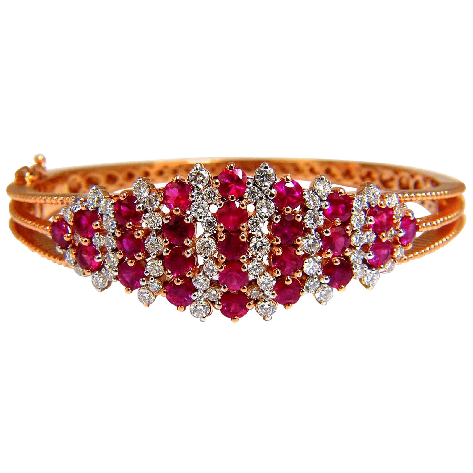 6.16 Carat Natural Round Cut Ruby Diamonds Bangle Bracelet 14 Karat Victorian For Sale