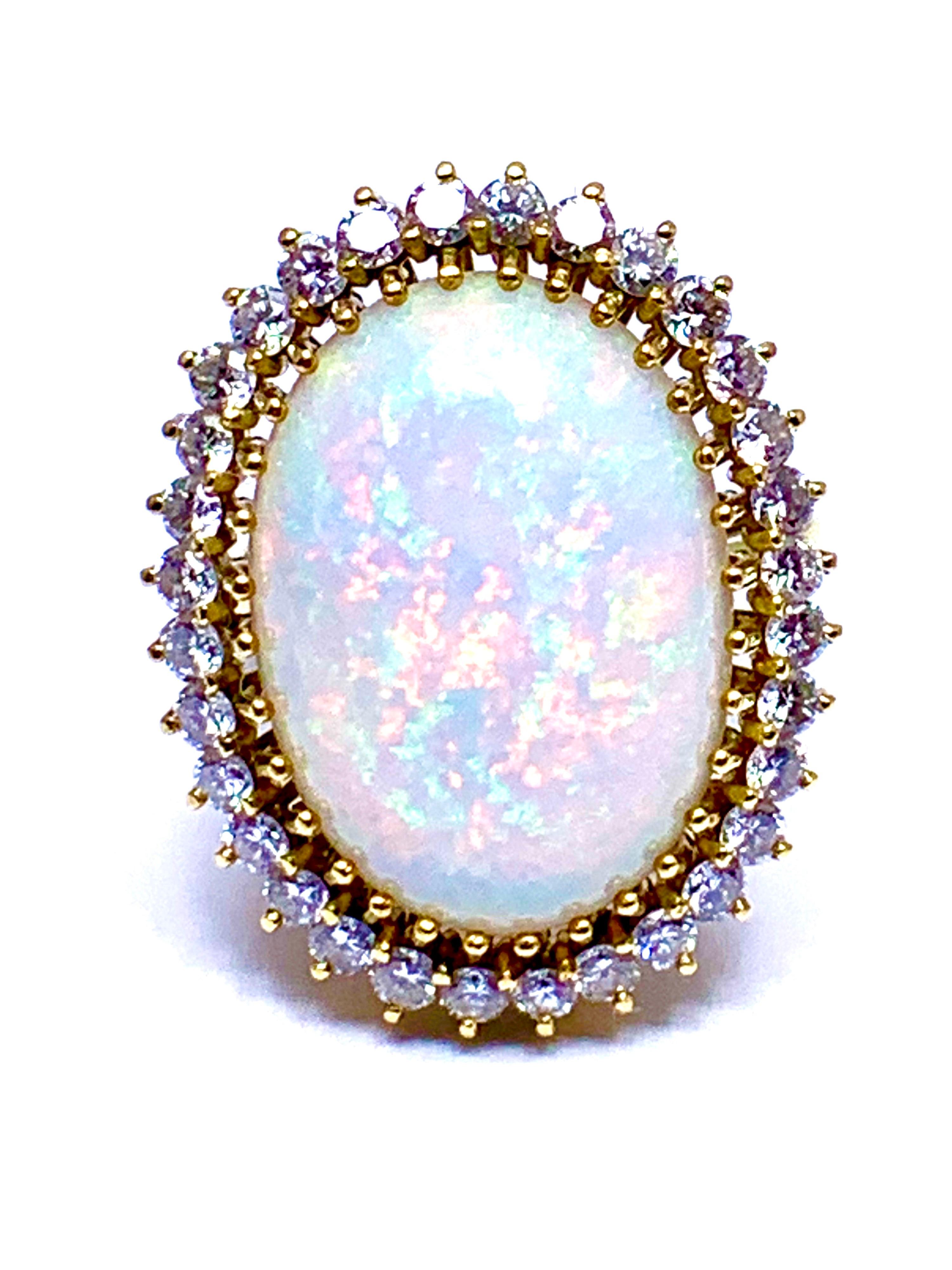 Oval Cut 6.16 Carat Oval Cabochon Opal and Diamond 18 Karat Cocktail Ring