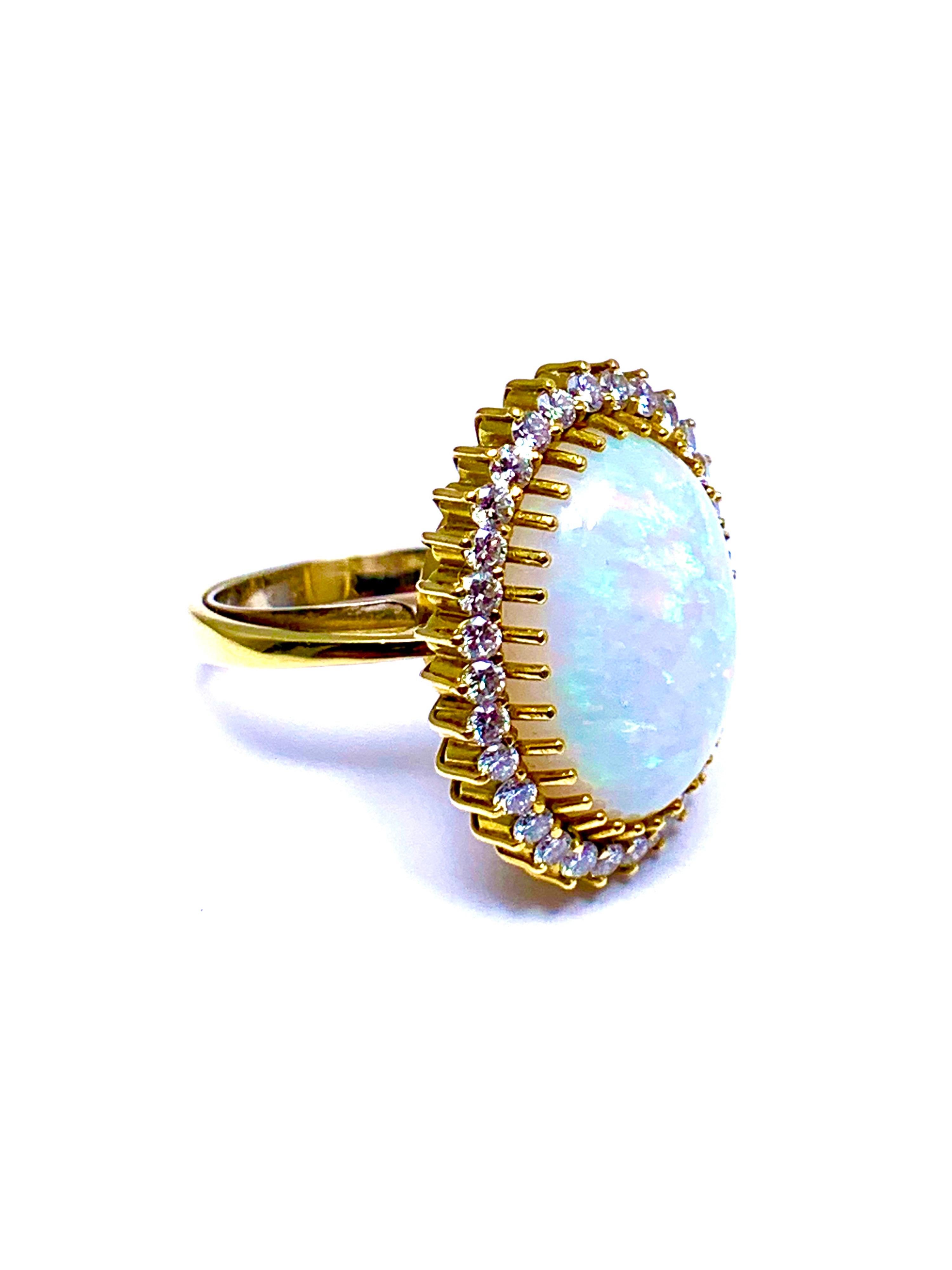 Women's or Men's 6.16 Carat Oval Cabochon Opal and Diamond 18 Karat Cocktail Ring