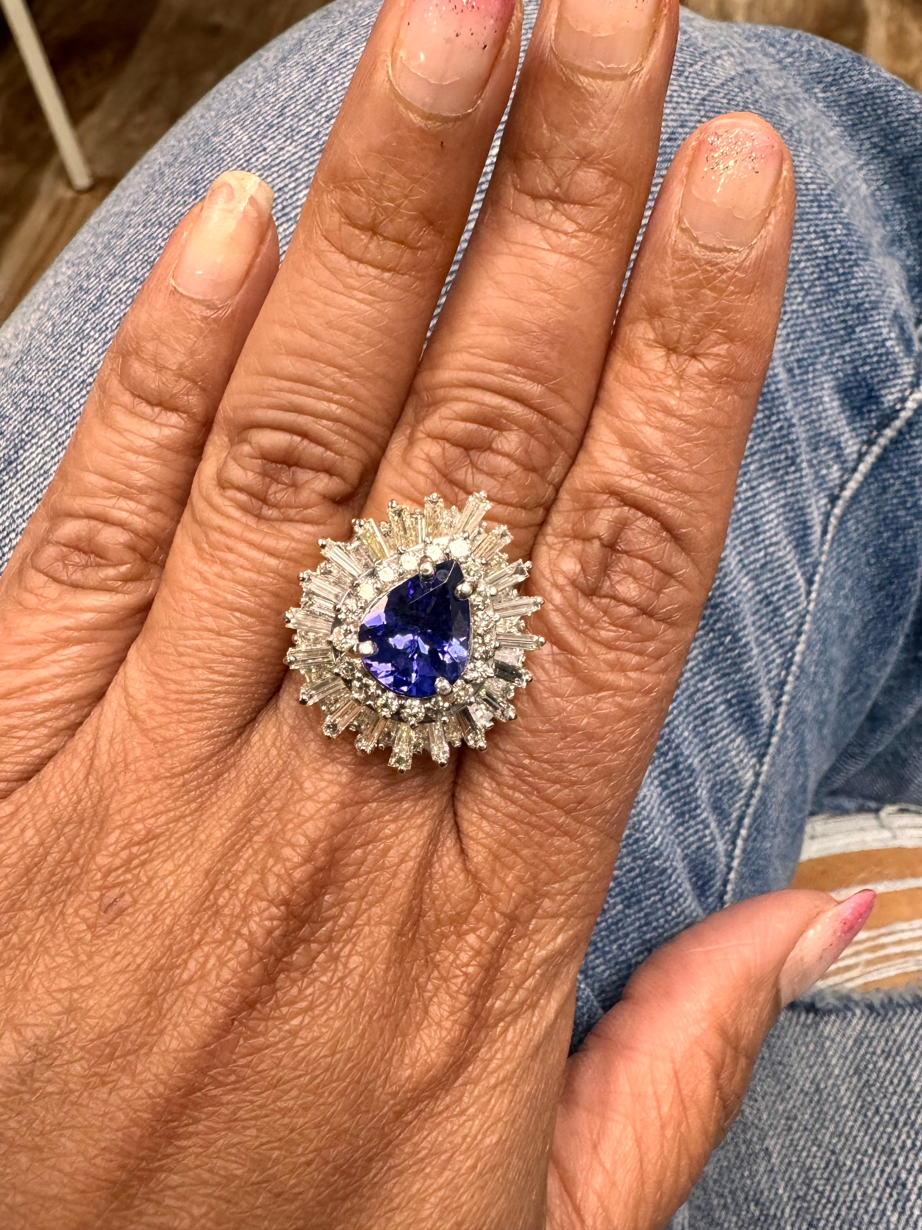 6.16 Carat Pear Cut Tanzanite Diamond 14 Karat White Gold Cluster Ring In New Condition For Sale In Los Angeles, CA