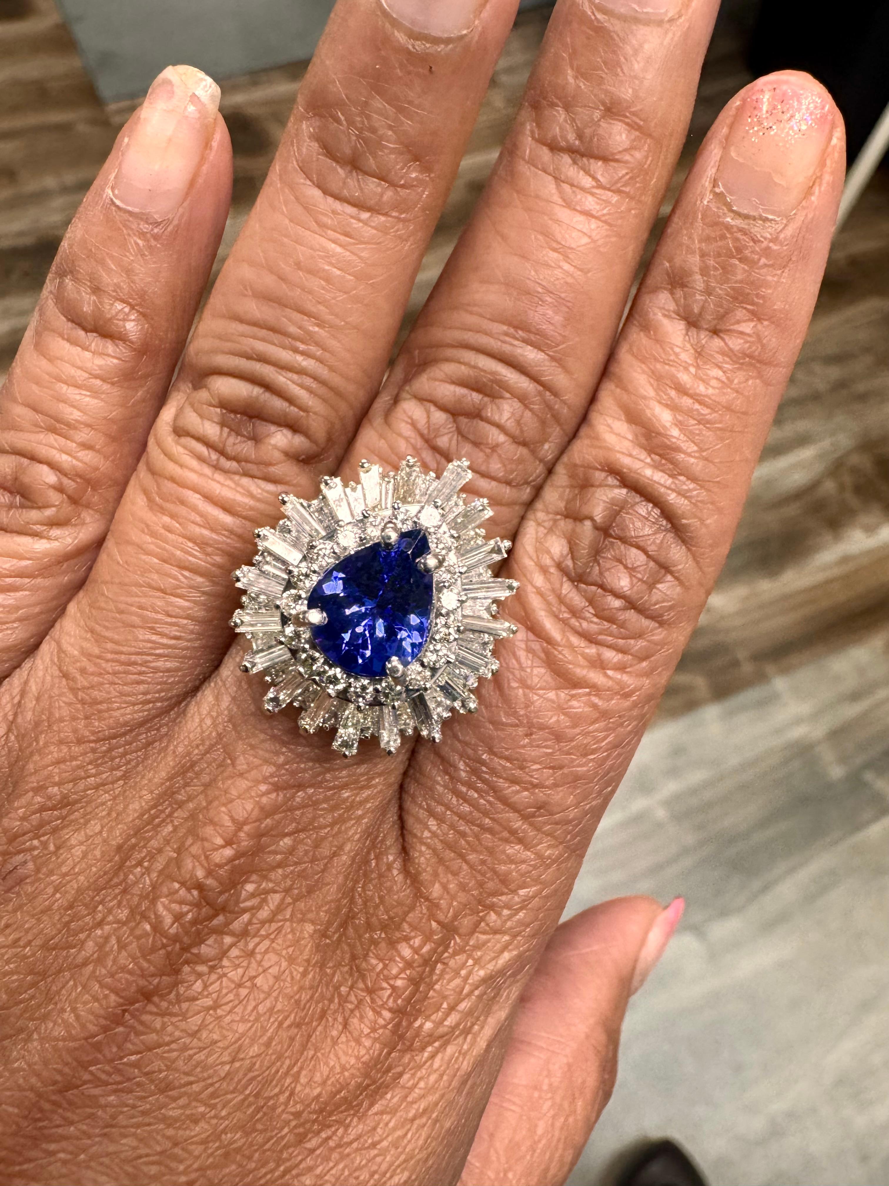 6.16 Carat Pear Cut Tanzanite Diamond 14 Karat White Gold Cluster Ring For Sale 1