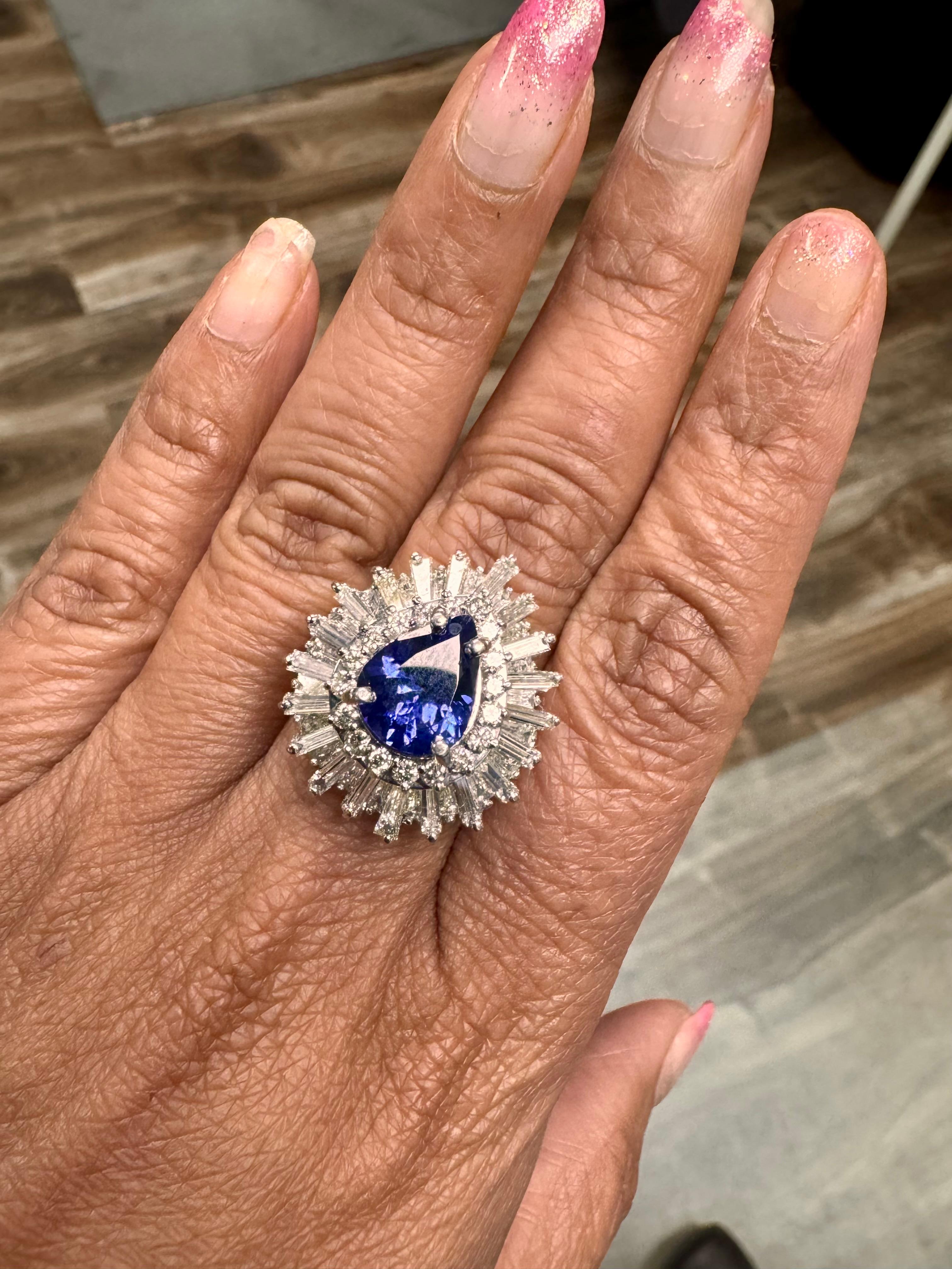 6.16 Carat Pear Cut Tanzanite Diamond 14 Karat White Gold Cluster Ring For Sale 2