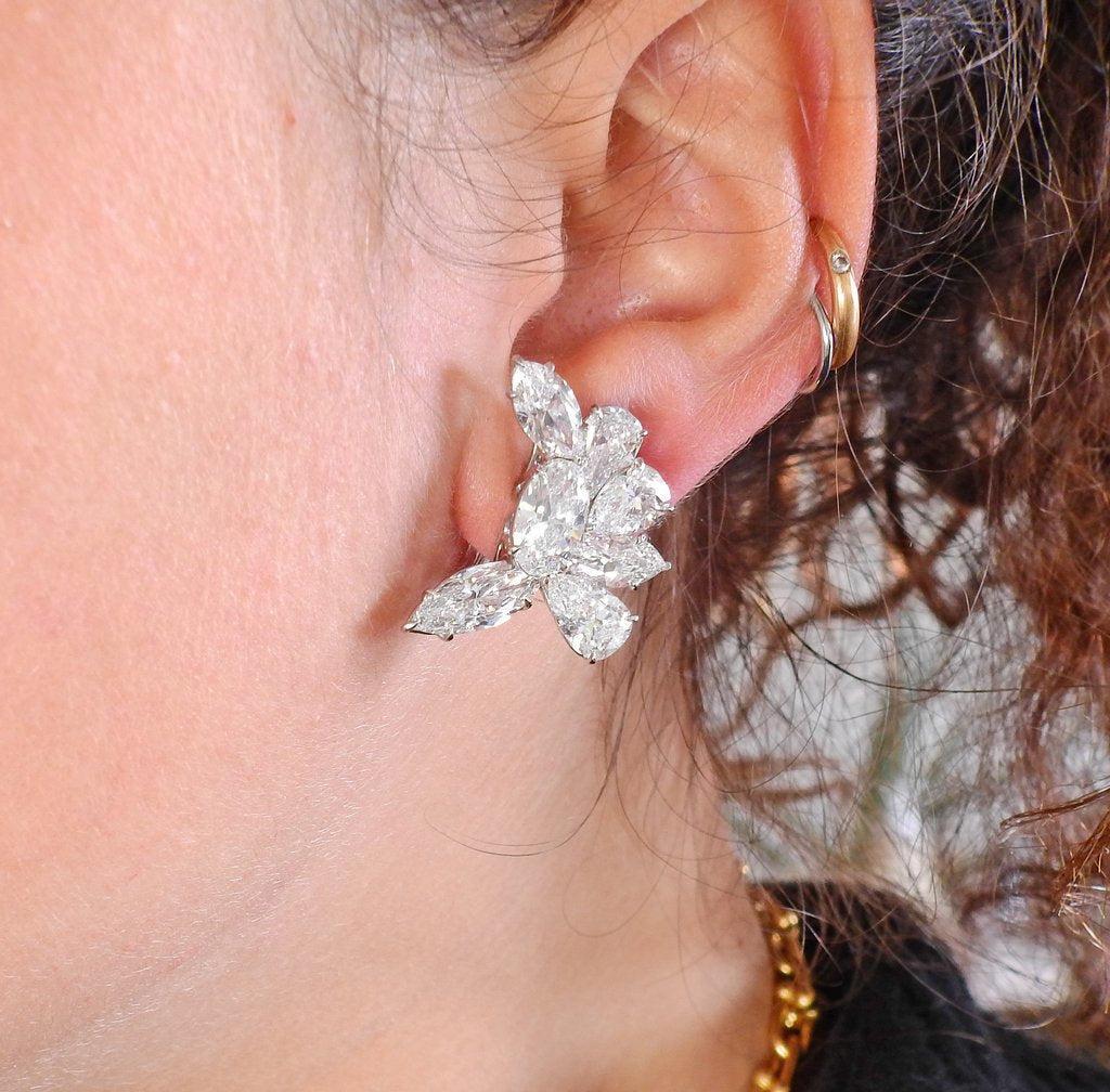 Women's 18.22 Carat Pear and Oval and Marquis Shape Diamond Platinum Cluster Earrings For Sale