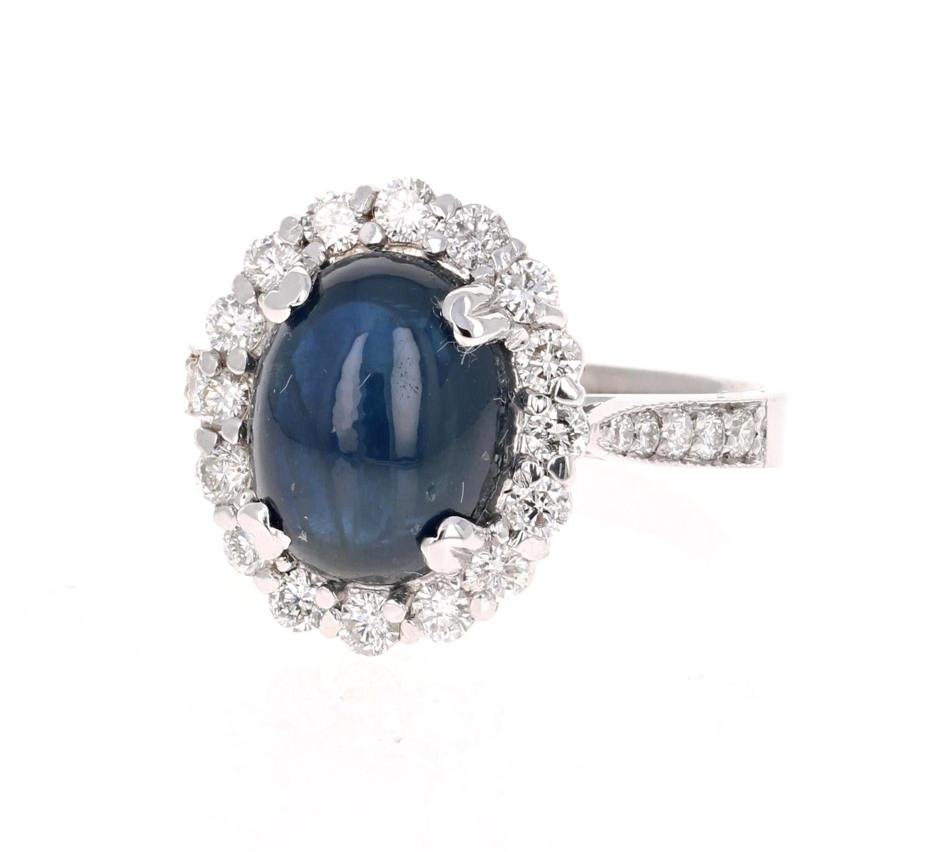 6.16 Carat Sapphire Diamond 18 Karat White Gold Bridal Ring

Beautiful and Charming Cabochon Cut Sapphire Diamond Ring! This ring has a stunning Oval Cabochon Cut Blue Sapphire that weighs 5.40 carats. The Sapphire is surrounded by 26 Round Cut