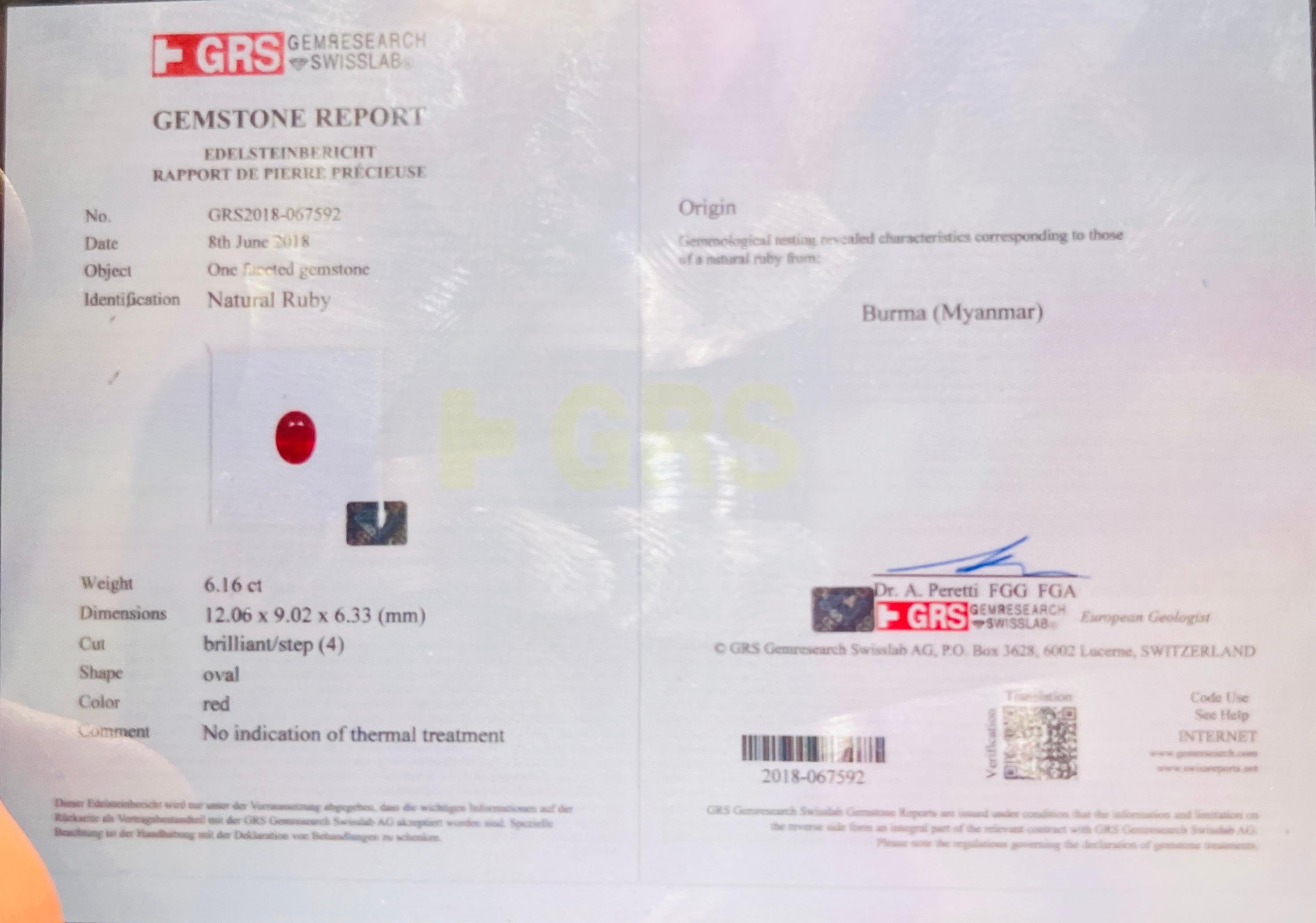 Taille brillant 6.16 Ct Natural GRS Burma ruby unheated Collection Quality Gemstone en vente