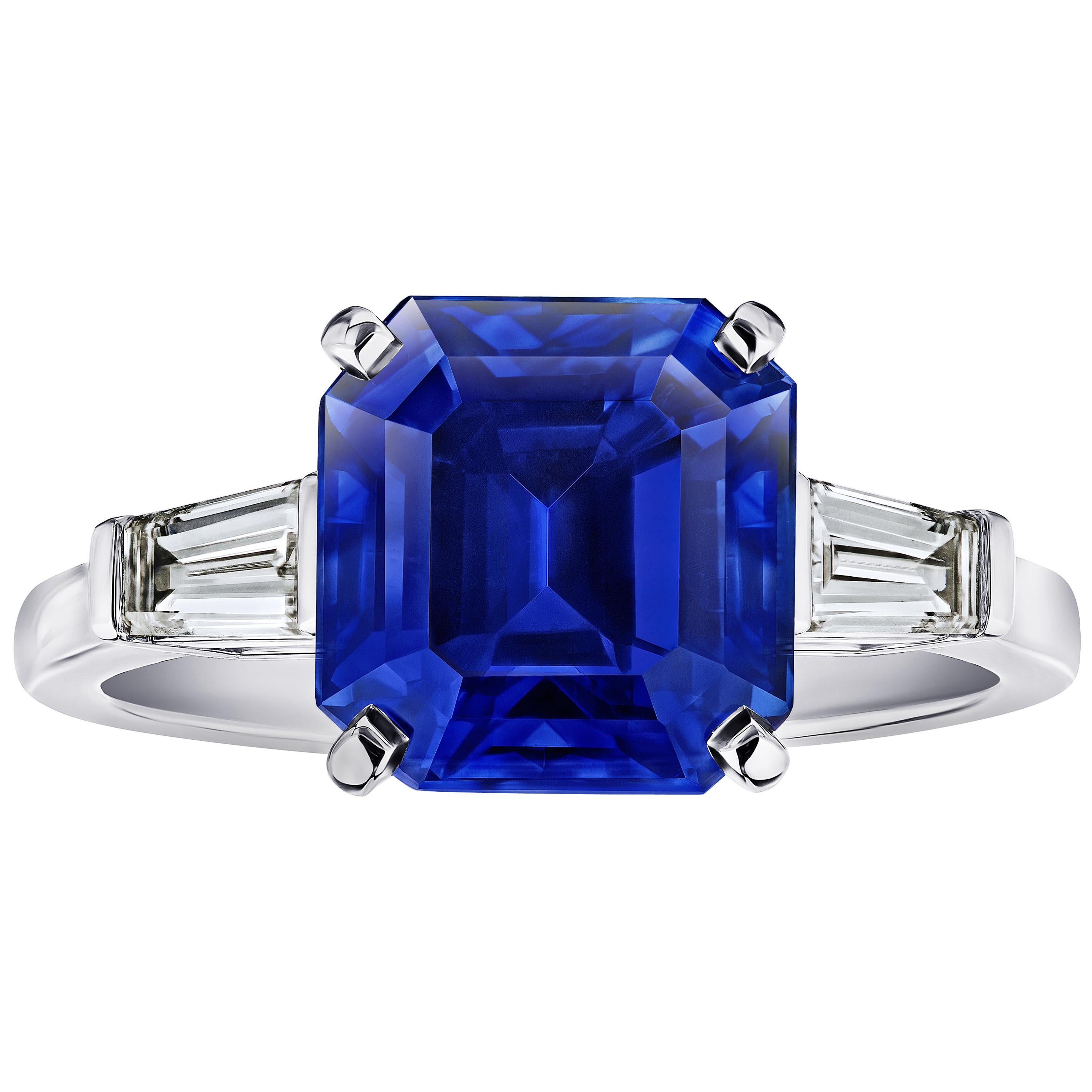 6.16 Square Emerald Cut Blue Sapphire and Diamond Ring