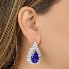 Spectrum Jewels TCW 73 Tanzanite Diamond Halo 14K White Gold Dangle Earrings