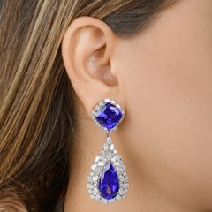Spectrum Jewels TCW 73 Tanzanite Diamond Halo 18K White Gold Dangle Earrings