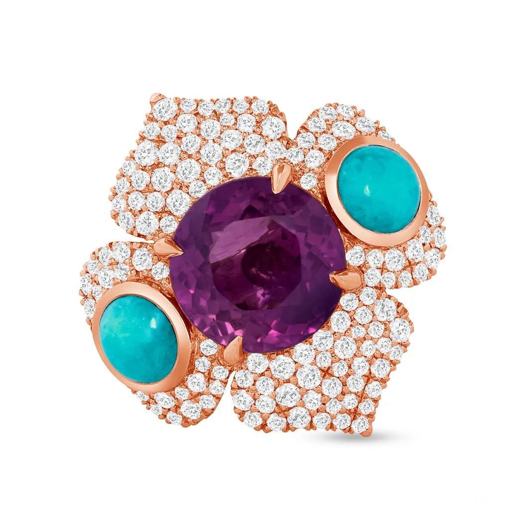 Round Cut 6.16ct Boysenberry Sapphire and Paraiba Tourmaline ring.  For Sale