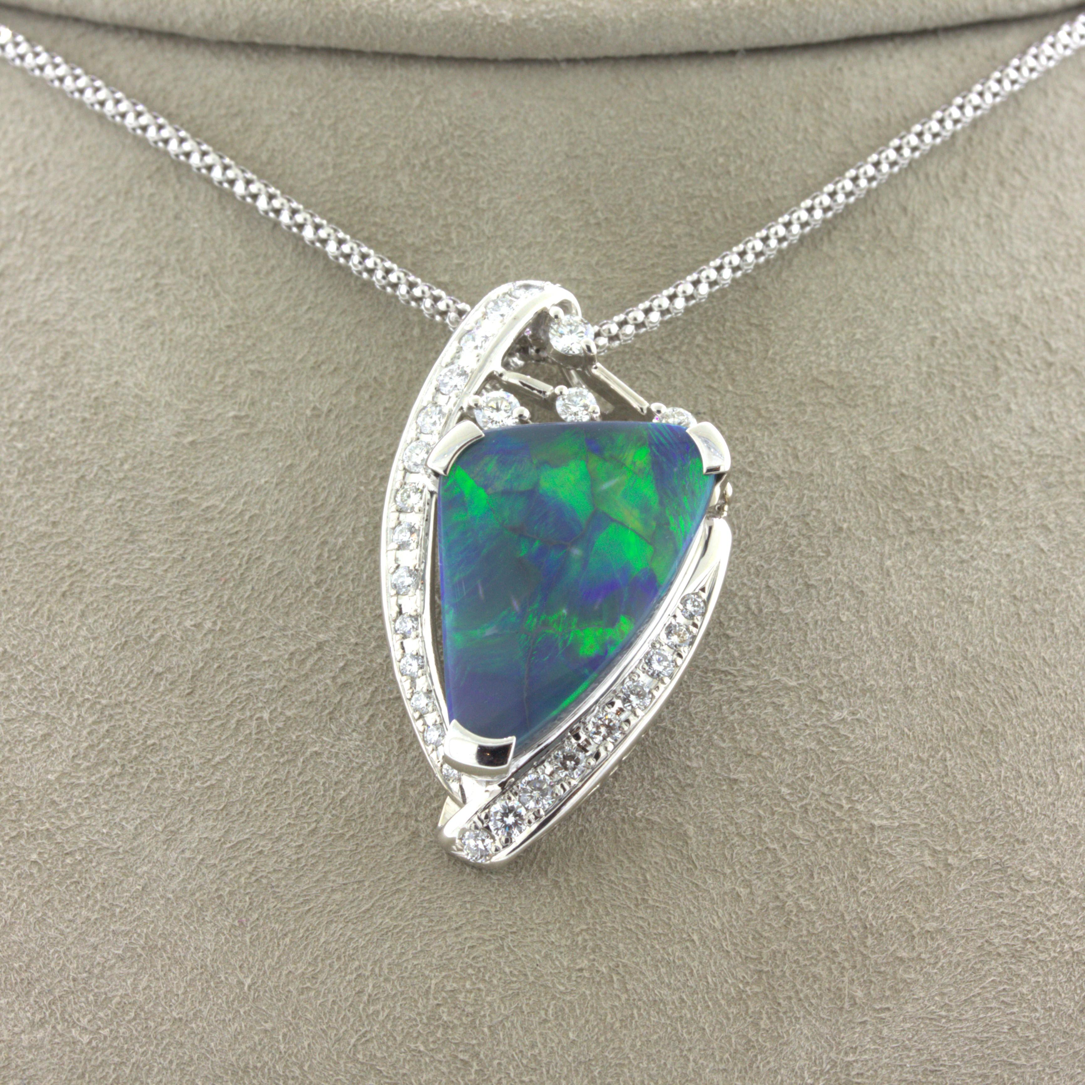 6.17 Carat Australian Black Opal Diamond 18k White Gold Pendant In New Condition For Sale In Beverly Hills, CA