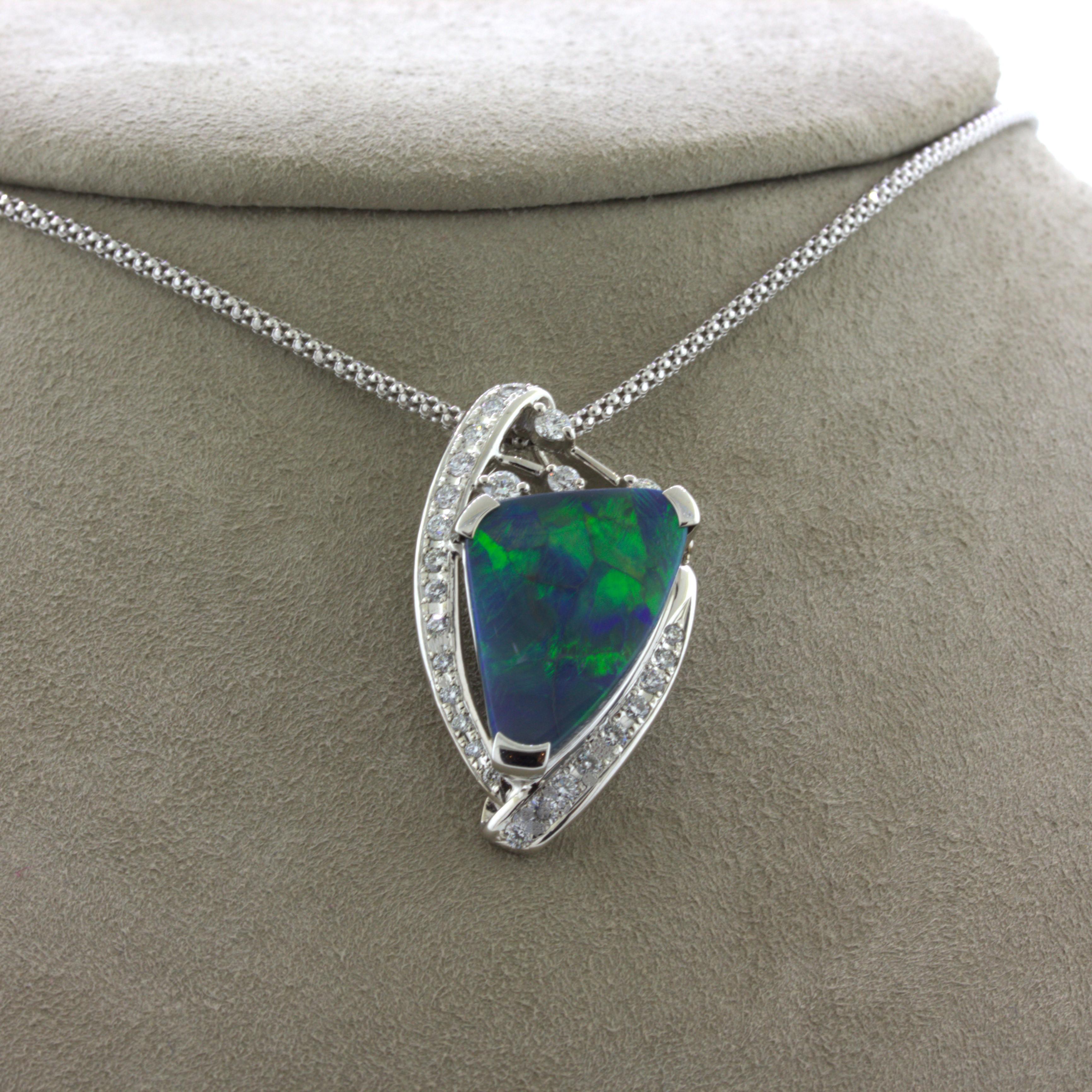 6.17 Carat Australian Black Opal Diamond 18k White Gold Pendant For Sale 2