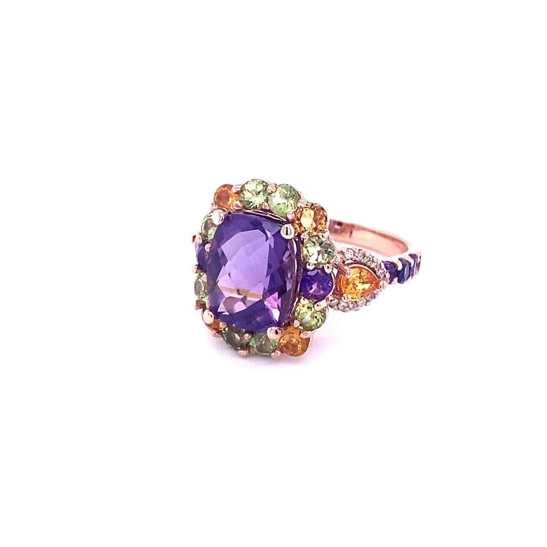 Contemporary 6.17 Carat Cushion Cut Amethyst Peridot Sapphire Diamond Rose Gold Cocktail Ring For Sale