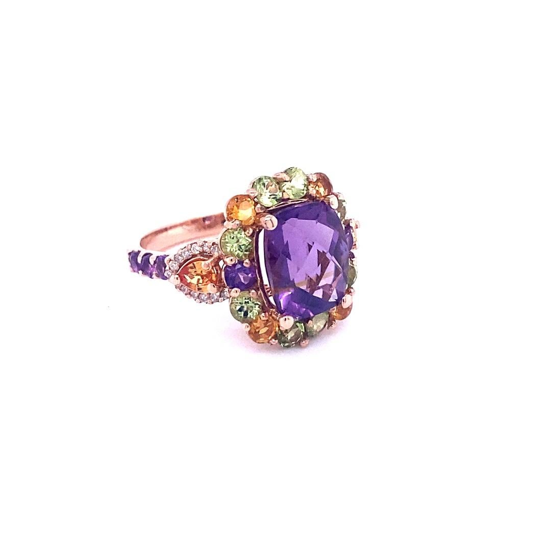 6.17 Carat Cushion Cut Amethyst Peridot Sapphire Diamond Rose Gold Cocktail Ring In New Condition For Sale In Los Angeles, CA