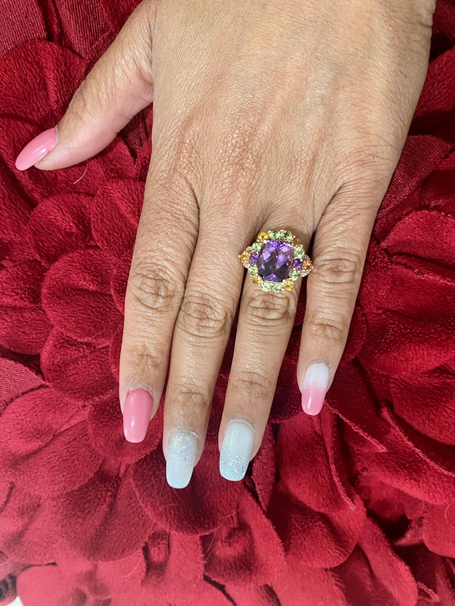 6.17 Carat Cushion Cut Amethyst Peridot Sapphire Diamond Rose Gold Cocktail Ring For Sale 1