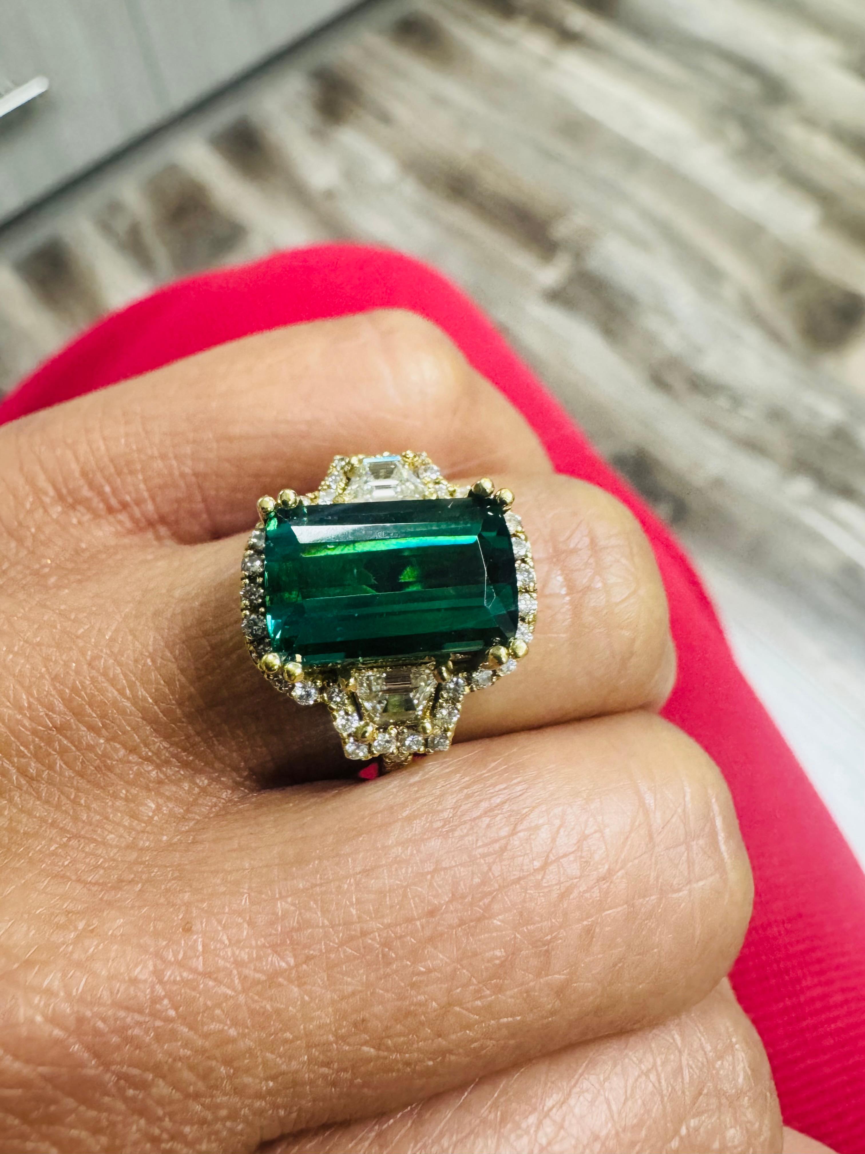 Emerald Cut 6.17 Carat Green Tourmaline Diamond 18 Karat Yellow Gold Three-Stone Ring For Sale